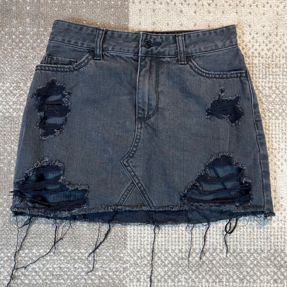 Hollister Womens High Rise Distressed Denim Mini Skirt Black Size 0R W24